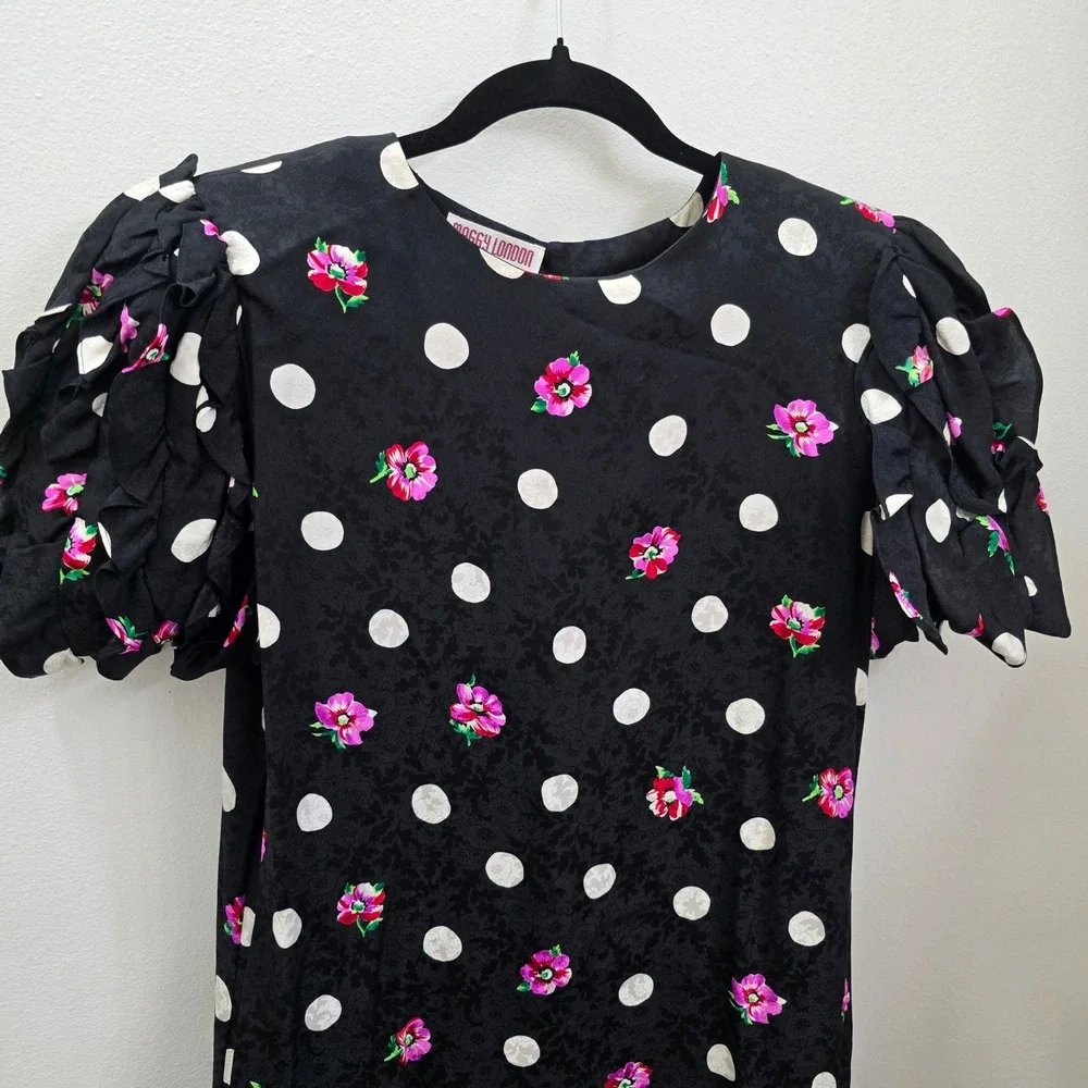 Vintage Maggy London Silk Polka Dot Floral Ruffle Dress Shoulder Pads Black 14 - Picture 2 of 8